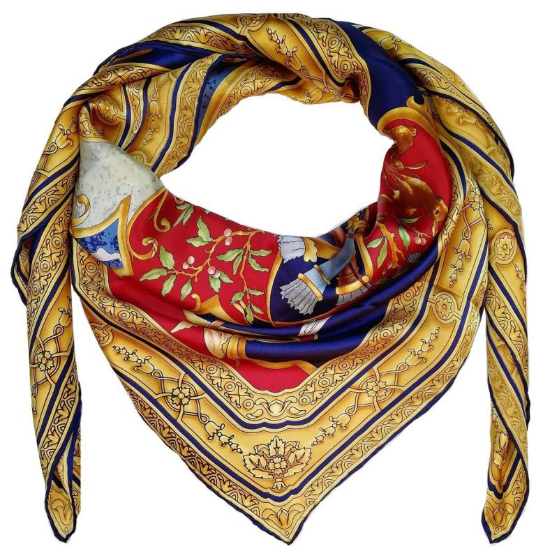 Foulard Shawl Silk Satin 110X110 Gold Red Blue